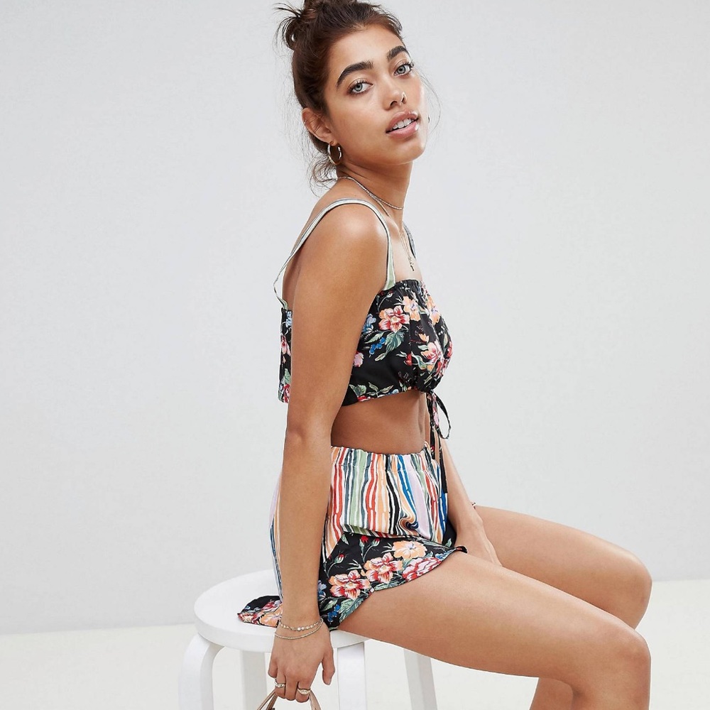 BOOHOO floral mix print top and shorts stripe beach set